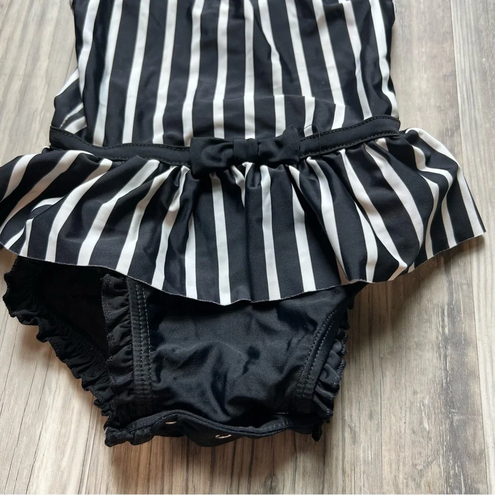 RuffleButts Black White Striped Skirted One Piece Swimsuit